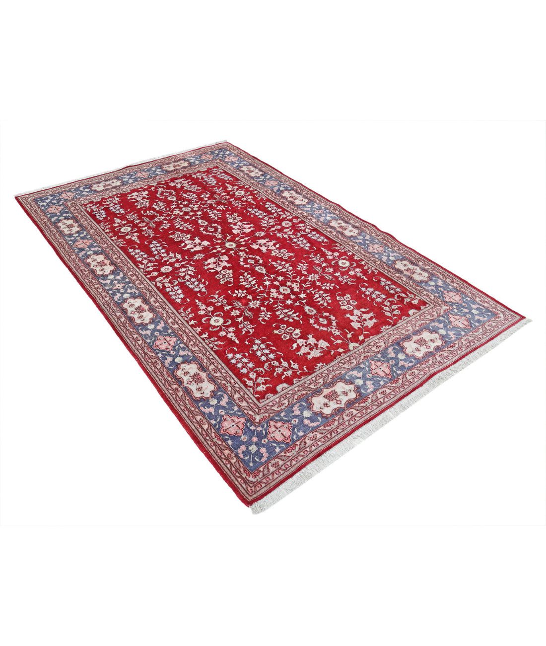 Hand Knotted Traditional Hereke Art Silk Rug - 5'0'' x 7'9'' 5'0'' x 7'9'' (150 X 233) / Red / Grey