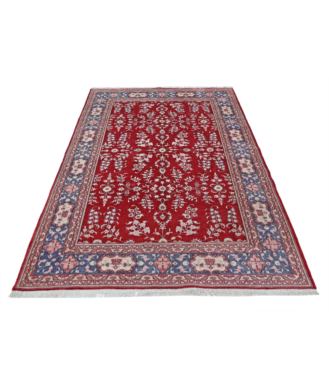 Hand Knotted Traditional Hereke Art Silk Rug - 5'0'' x 7'9'' 5'0'' x 7'9'' (150 X 233) / Red / Grey