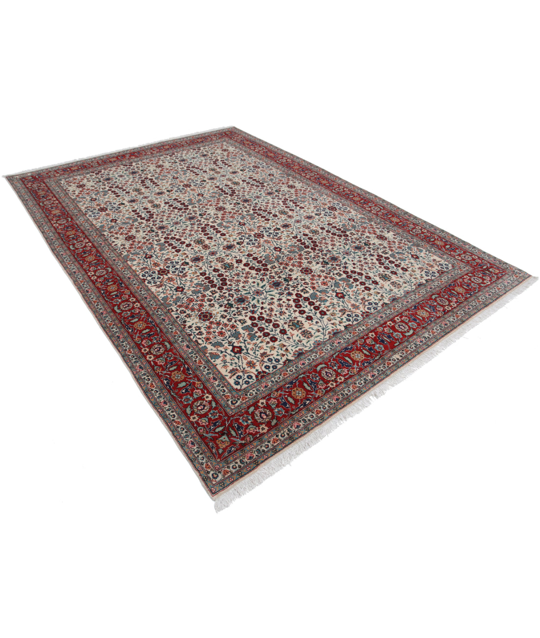 Hand Knotted Hereke Wool Rug - 7'1'' x 9'9'' 7'1'' x 9'9'' (213 X 293) / Ivory / Red