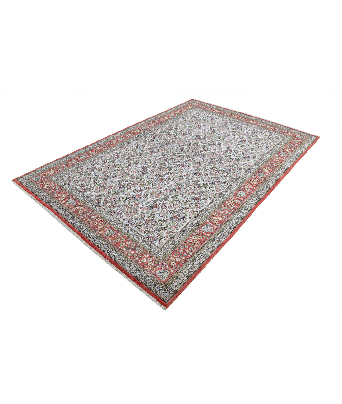 Hand Knotted Masterpiece Hereke Silk Rug - 6'1'' x 7'11'' 6'1'' x 7'11'' (183 X 238) / Ivory / Pink
