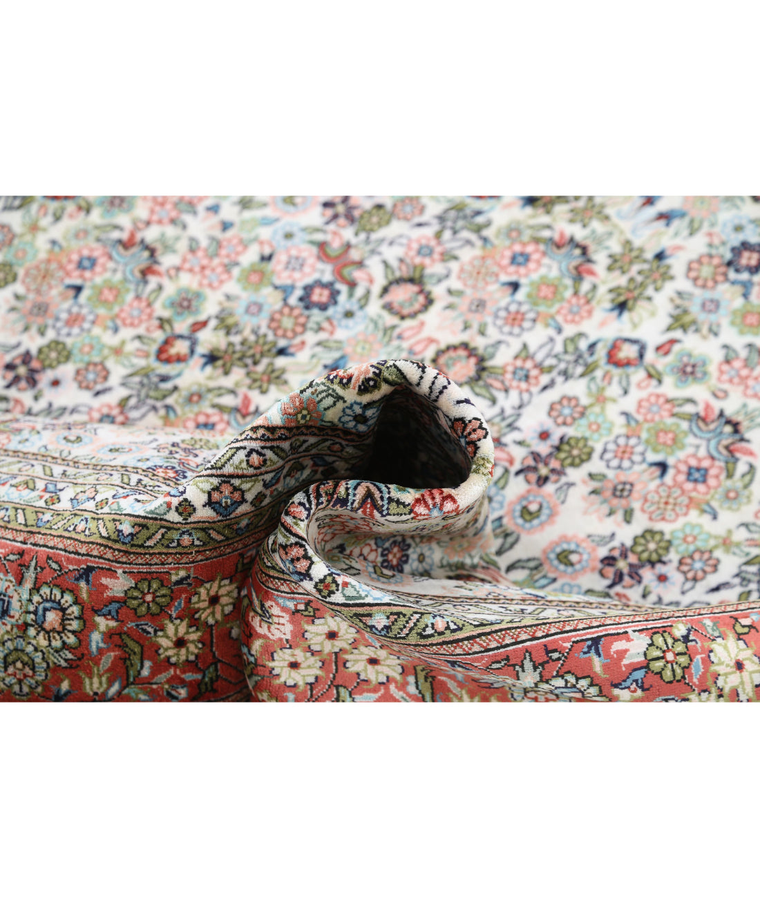 Hand Knotted Masterpiece Hereke Silk Rug - 6'1'' x 7'11'' 6'1'' x 7'11'' (183 X 238) / Ivory / Pink