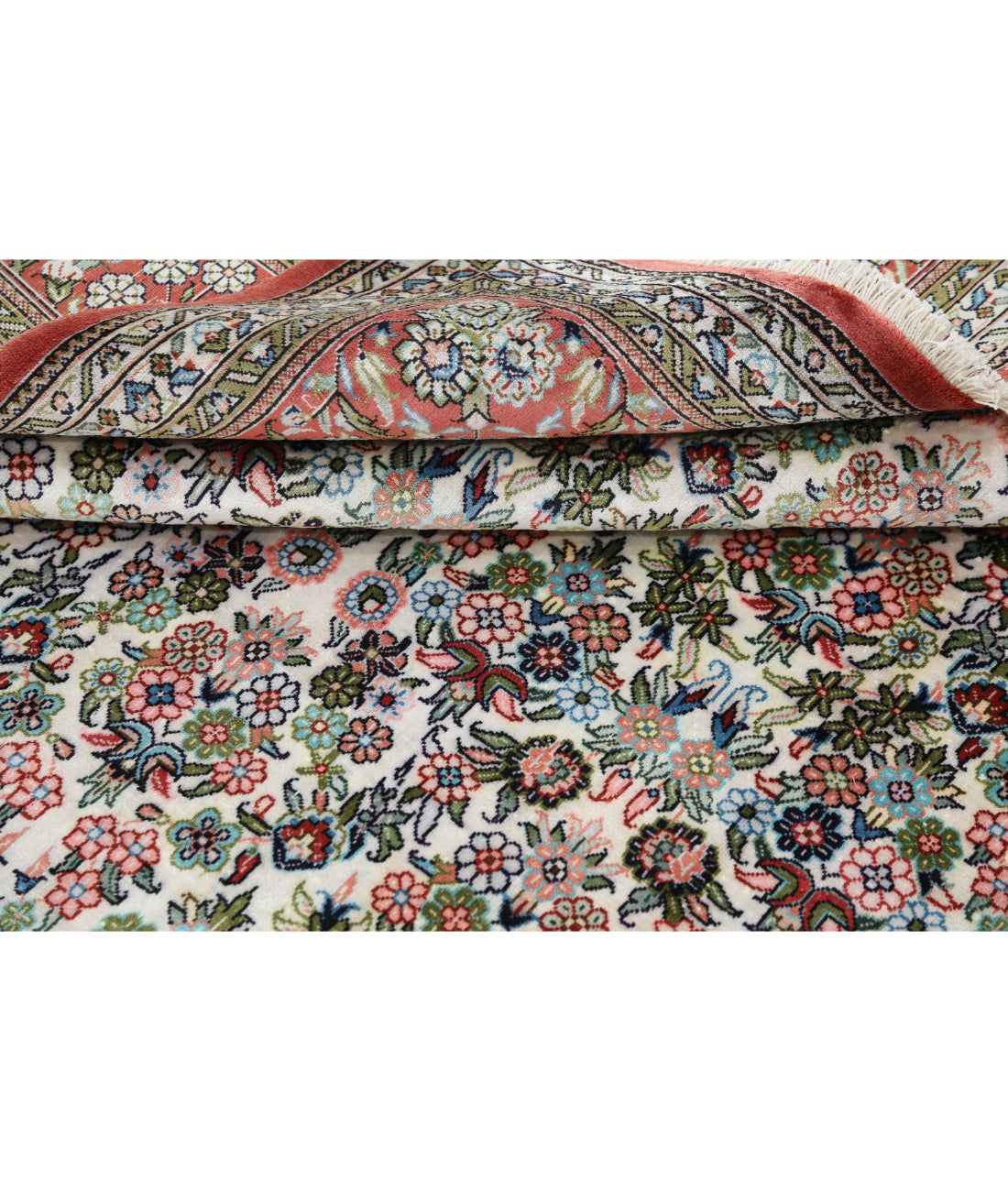 Hand Knotted Masterpiece Hereke Silk Rug - 6'1'' x 7'11'' 6'1'' x 7'11'' (183 X 238) / Ivory / Pink