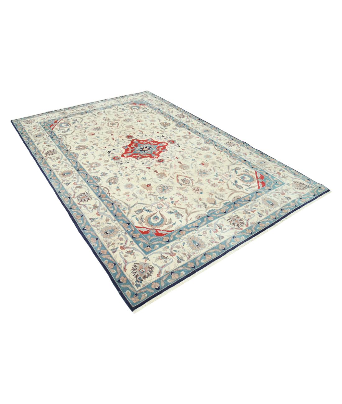 Hand Knotted Heritage Fine Persian Style Wool Rug - 6'1'' x 9'0'' 6' 1" X 9' 0" (185 X 274) / Ivory / Blue