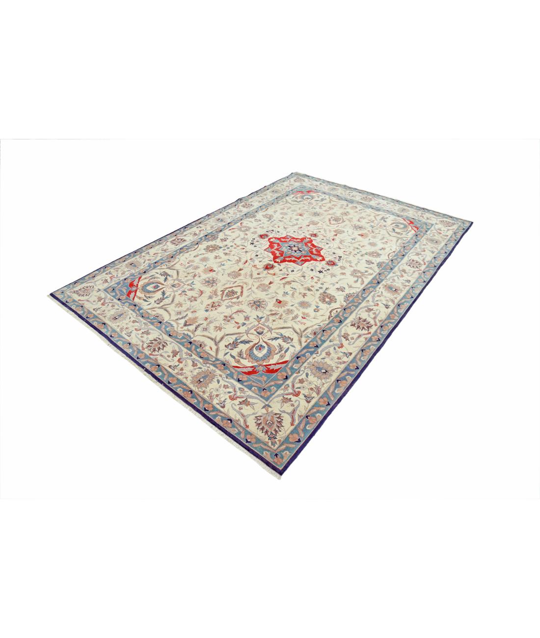 Hand Knotted Heritage Fine Persian Style Wool Rug - 6'1'' x 9'0'' 6' 1" X 9' 0" (185 X 274) / Ivory / Blue