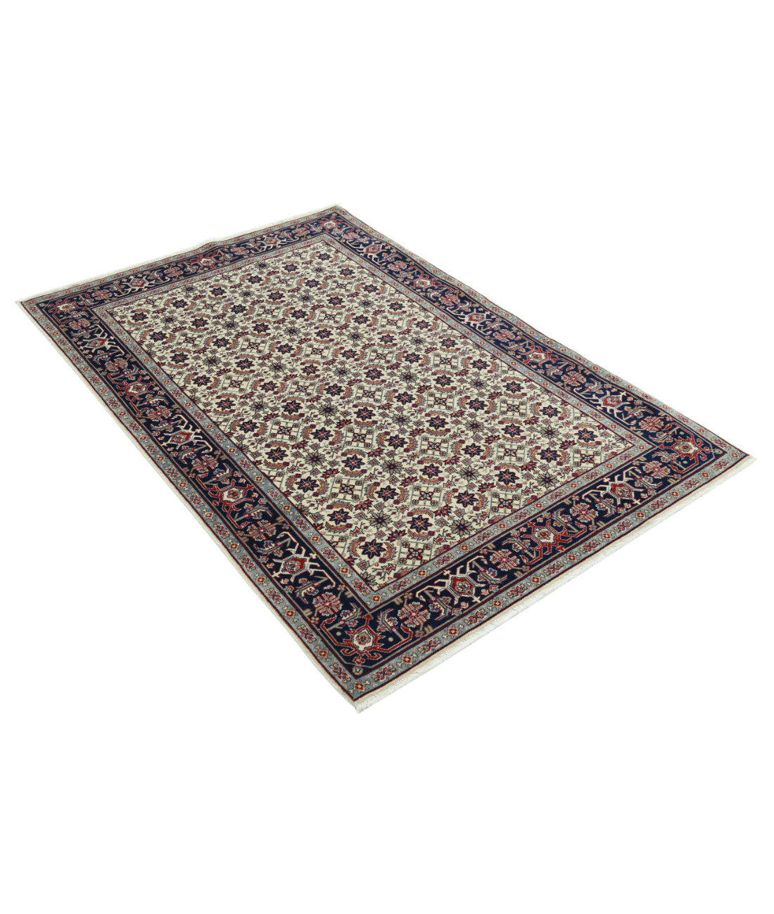 Hand Knotted Heritage Fine Persian Style Wool Rug - 4'0'' x 5'10'' 4' 0" X 5' 10" (122 X 178) / Ivory / Blue