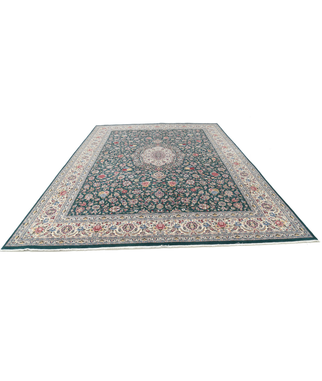 Hand Knotted Heritage Fine Persian Style Wool Rug - 9'10'' x 14'0'' 9' 10" X 14' 0" (300 X 427) / Green / Ivory