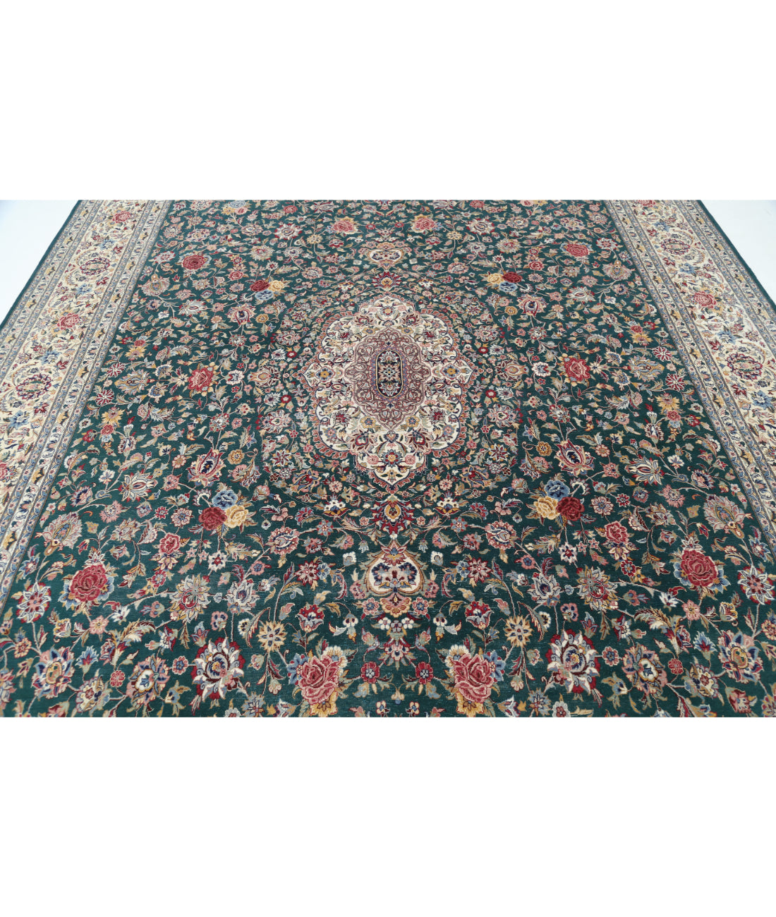 Hand Knotted Heritage Fine Persian Style Wool Rug - 9'10'' x 14'0'' 9' 10" X 14' 0" (300 X 427) / Green / Ivory