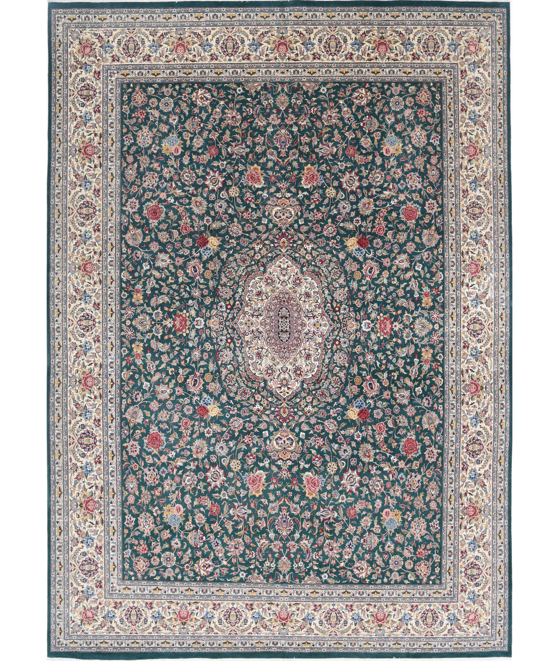 Hand Knotted Heritage Fine Persian Style Wool Rug - 9'10'' x 14'0'' 9' 10" X 14' 0" (300 X 427) / Green / Ivory