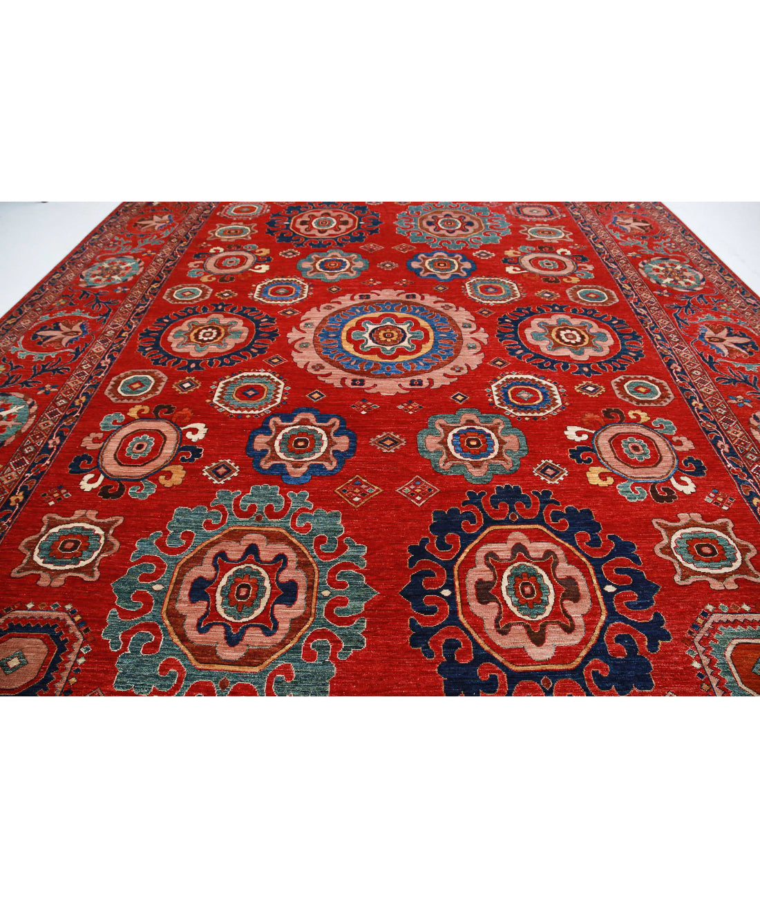 Hand Knotted Nomadic Caucasian Humna Wool Rug - 13'3'' x 16'7'' 13'3'' x 16'7'' (398 X 498) / Red / Blue