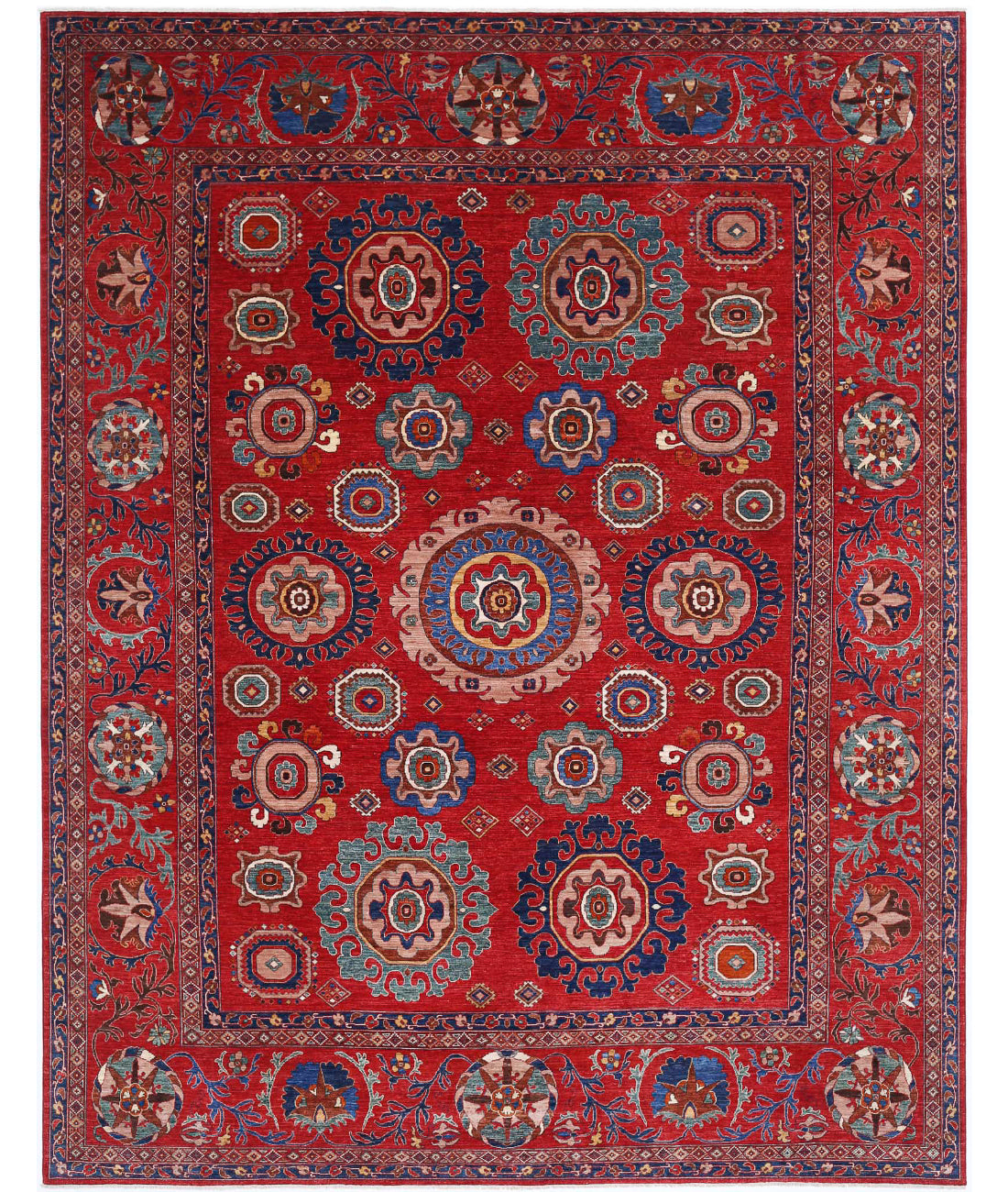 Hand Knotted Nomadic Caucasian Humna Wool Rug - 13&#39;3&#39;&#39; x 16&#39;7&#39;&#39; 13&#39;3&#39;&#39; x 16&#39;7&#39;&#39; (398 X 498) / Red / Blue