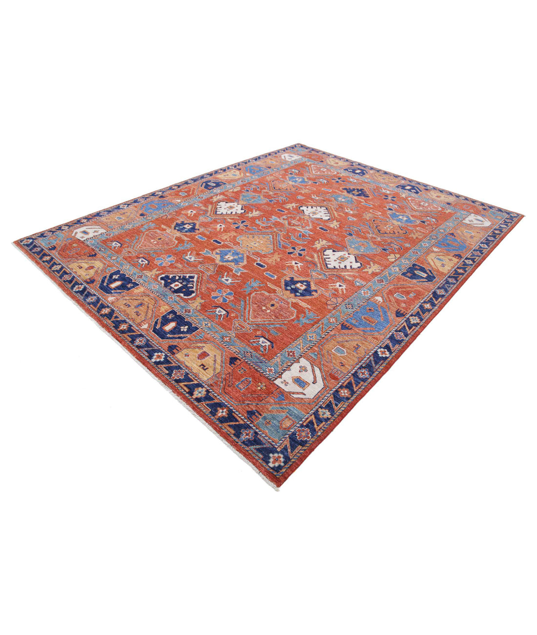 Hand Knotted Nomadic Caucasian Humna Wool Rug - 8'0'' x 10'0'' 8'0'' x 10'0'' (240 X 300) / Rust / Blue