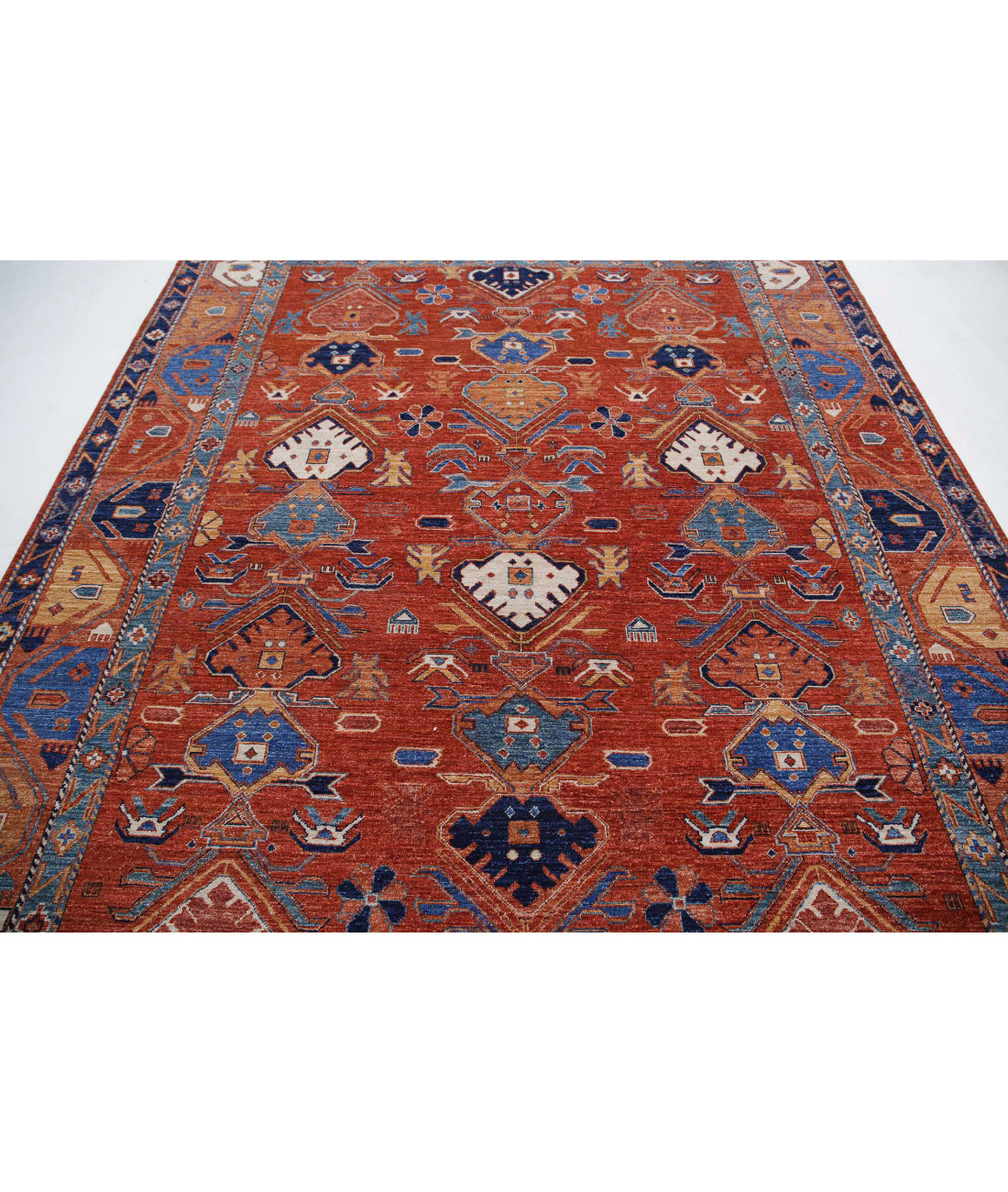 Hand Knotted Nomadic Caucasian Humna Wool Rug - 8'0'' x 10'0'' 8'0'' x 10'0'' (240 X 300) / Rust / Blue