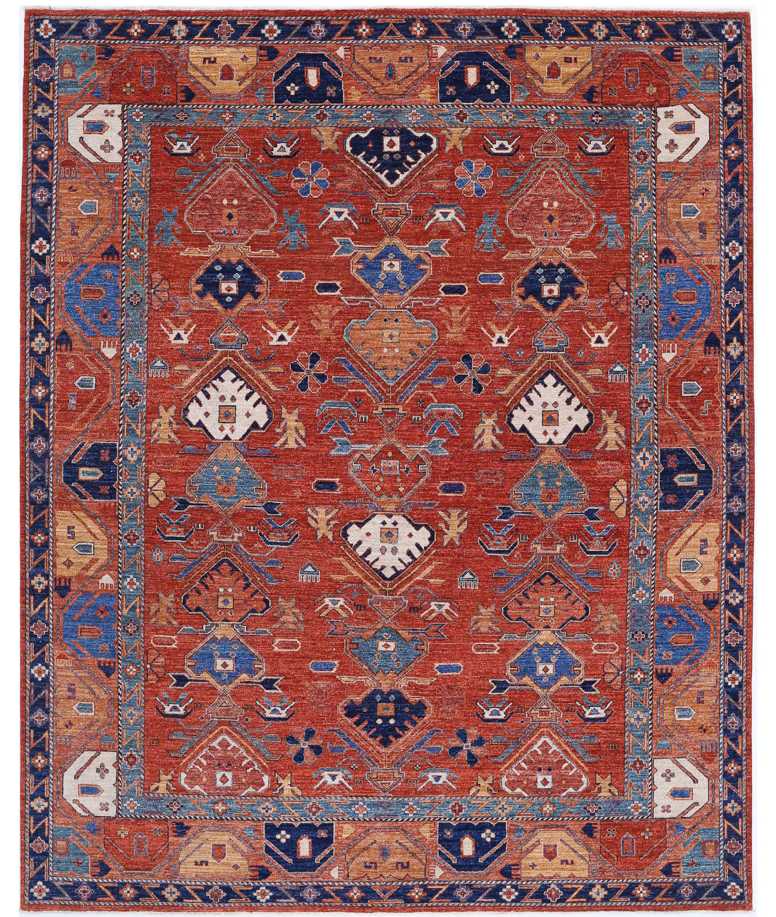 Hand Knotted Nomadic Caucasian Humna Wool Rug - 8&#39;0&#39;&#39; x 10&#39;0&#39;&#39; 8&#39;0&#39;&#39; x 10&#39;0&#39;&#39; (240 X 300) / Rust / Blue