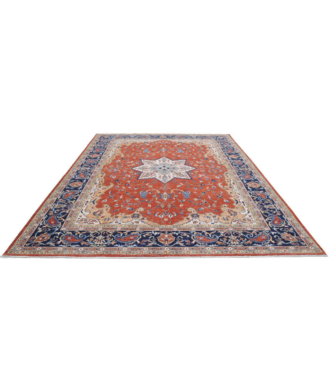 Hand Knotted Nomadic Caucasian Humna Wool Rug - 8'11'' x 11'8'' 8'11'' x 11'8'' (268 X 350) / Rust / Blue