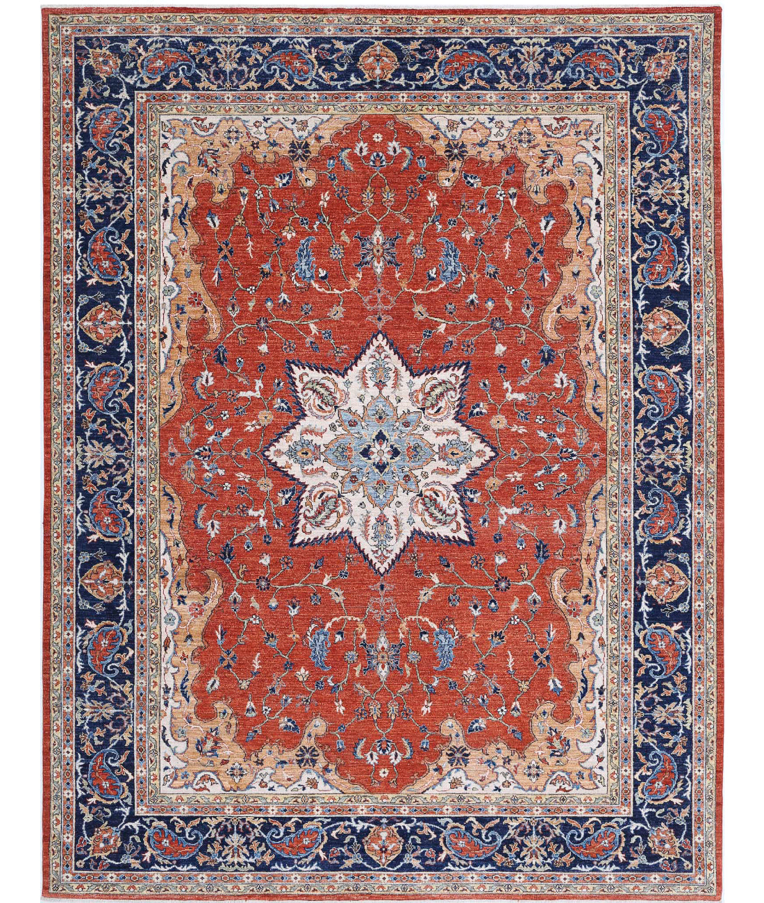 Hand Knotted Nomadic Caucasian Humna Wool Rug - 8'11'' x 11'8'' 8'11'' x 11'8'' (268 X 350) / Rust / Blue