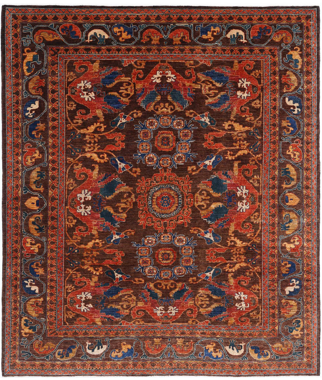 Hand Knotted Nomadic Caucasian Humna Wool Rug - 8&#39;4&#39;&#39; x 9&#39;9&#39;&#39; 8&#39;4&#39;&#39; x 9&#39;9&#39;&#39; (250 X 293) / Brown / Rust