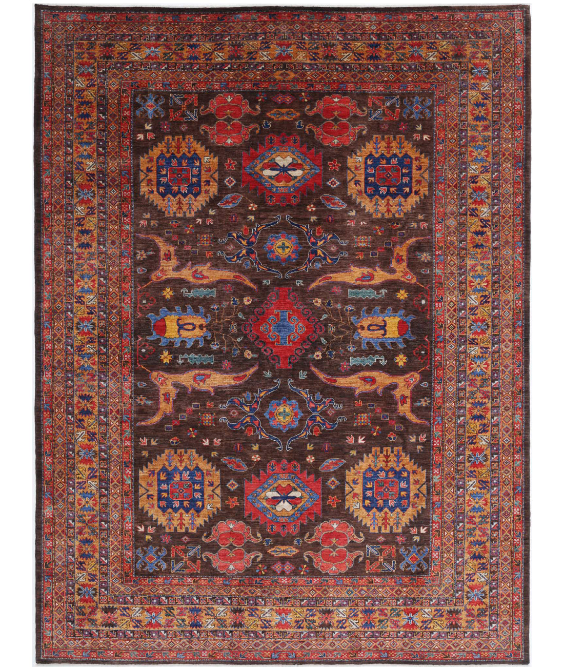 Hand Knotted Nomadic Caucasian Humna Wool Rug - 10'3'' x 13'7'' 10'3'' x 13'7'' (308 X 408) / Brown / Gold