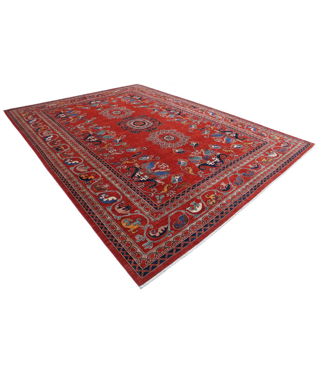 Hand Knotted Nomadic Caucasian Humna Wool Rug - 10'2'' x 13'7'' 10'2'' x 13'7'' (305 X 408) / Red / Blue