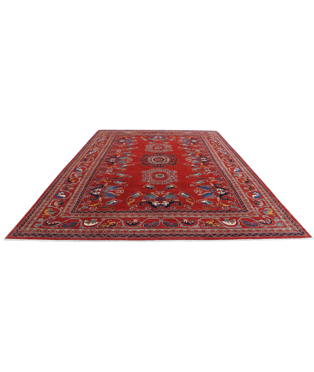 Hand Knotted Nomadic Caucasian Humna Wool Rug - 10'2'' x 13'7'' 10'2'' x 13'7'' (305 X 408) / Red / Blue
