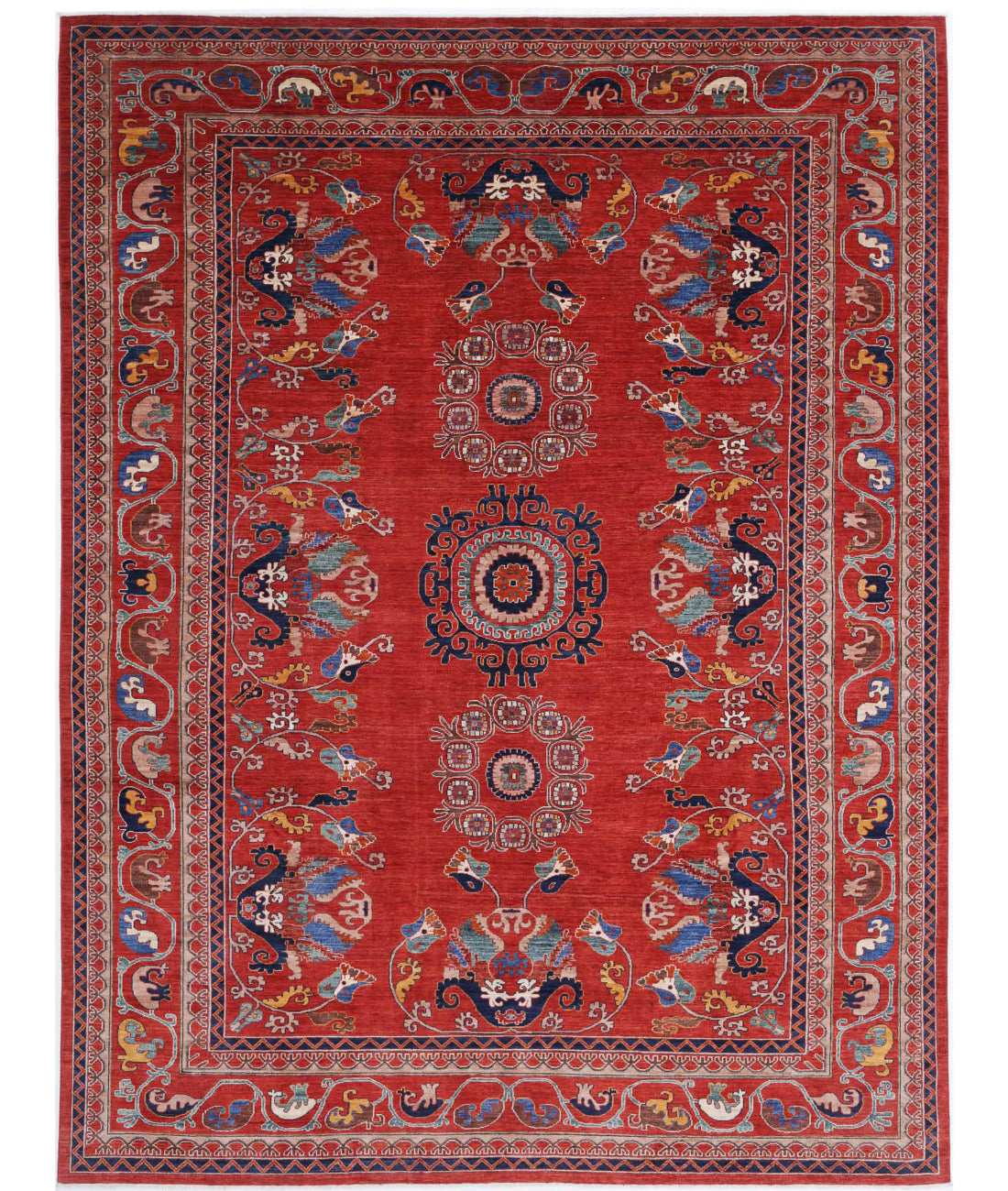 Hand Knotted Nomadic Caucasian Humna Wool Rug - 10&#39;2&#39;&#39; x 13&#39;7&#39;&#39; 10&#39;2&#39;&#39; x 13&#39;7&#39;&#39; (305 X 408) / Red / Blue