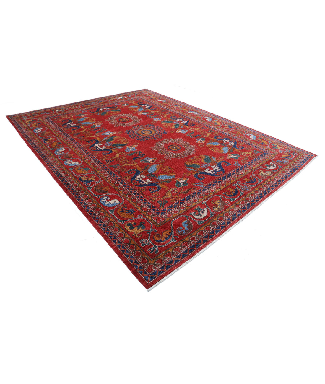Hand Knotted Nomadic Caucasian Humna Wool Rug - 9'2'' x 11'9'' 9'2'' x 11'9'' (275 X 353) / Red / Blue