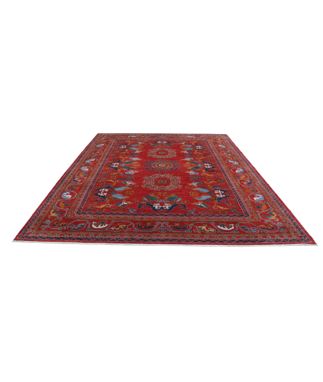 Hand Knotted Nomadic Caucasian Humna Wool Rug - 9'2'' x 11'9'' 9'2'' x 11'9'' (275 X 353) / Red / Blue