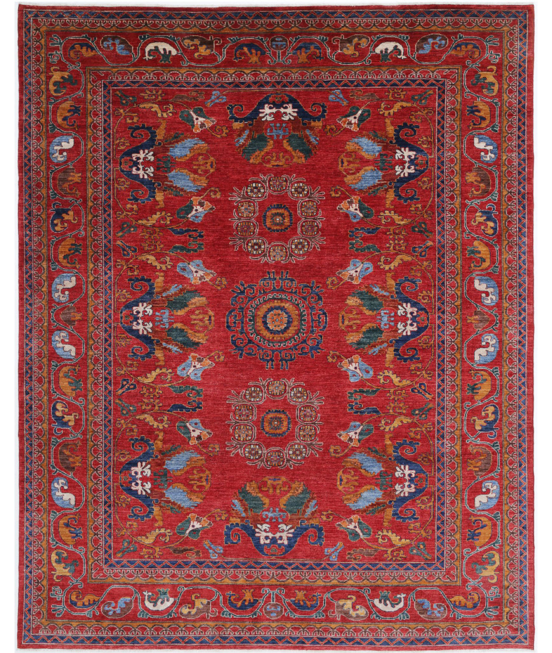 Hand Knotted Nomadic Caucasian Humna Wool Rug - 9&#39;2&#39;&#39; x 11&#39;9&#39;&#39; 9&#39;2&#39;&#39; x 11&#39;9&#39;&#39; (275 X 353) / Red / Blue