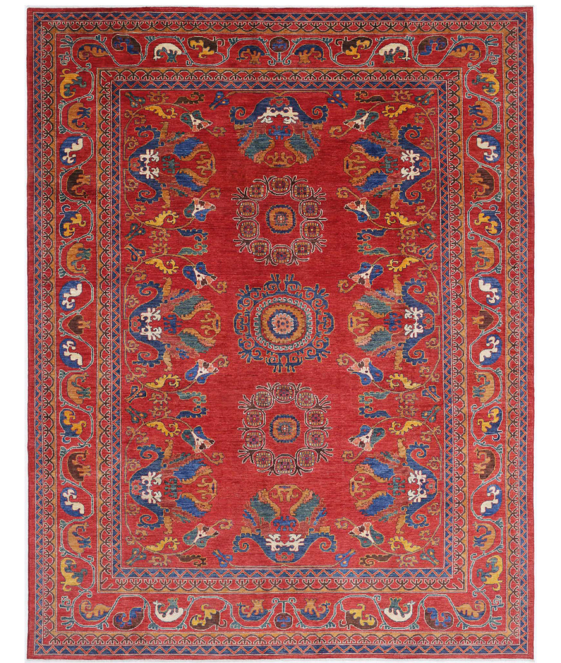 Hand Knotted Nomadic Caucasian Humna Wool Rug - 9'0'' x 12'0'' 9'0'' x 12'0'' (270 X 360) / Red / Blue