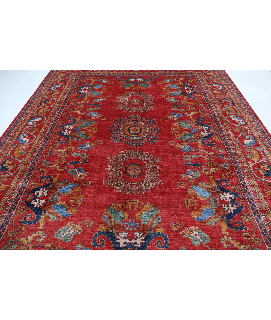 Hand Knotted Nomadic Caucasian Humna Wool Rug - 9'5'' x 11'6'' 9'5'' x 11'6'' (283 X 345) / Red / Ivory