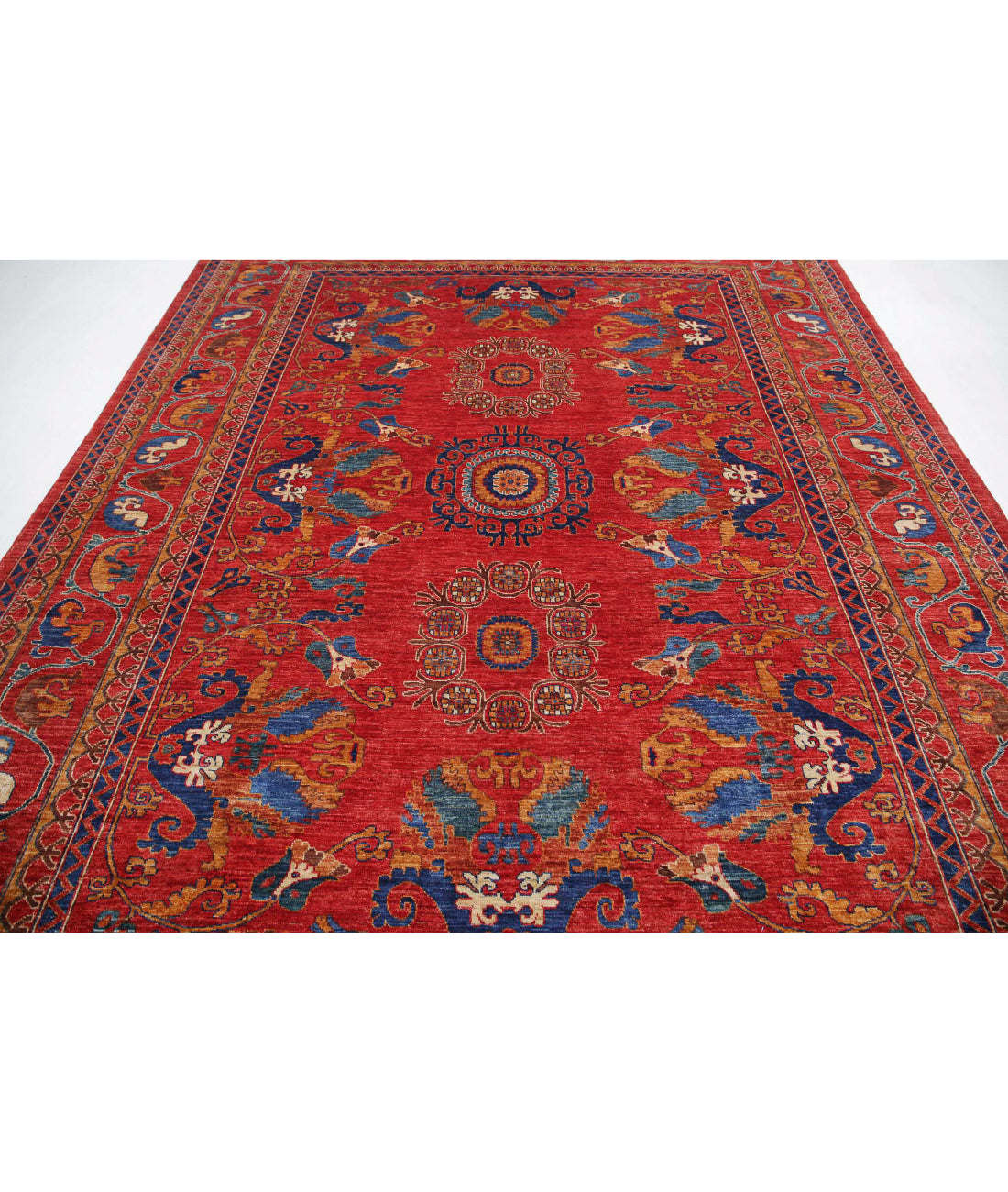 Hand Knotted Nomadic Caucasian Humna Wool Rug - 8'10'' x 11'5'' 8'10'' x 11'5'' (265 X 343) / Red / Blue