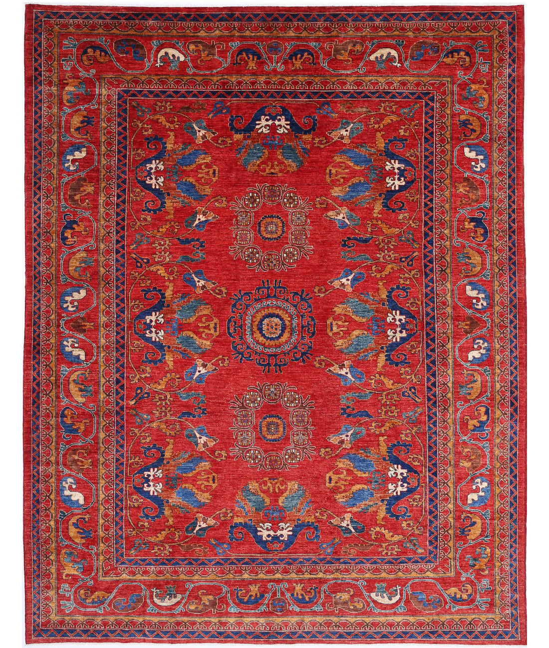 Hand Knotted Nomadic Caucasian Humna Wool Rug - 8&#39;10&#39;&#39; x 11&#39;5&#39;&#39; 8&#39;10&#39;&#39; x 11&#39;5&#39;&#39; (265 X 343) / Red / Blue
