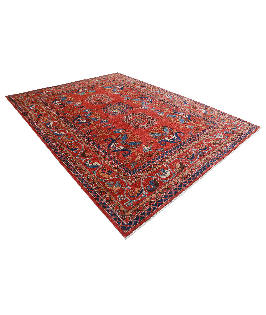Hand Knotted Nomadic Caucasian Humna Wool Rug - 9'0'' x 11'9'' 9'0'' x 11'9'' (270 X 353) / Red / Blue