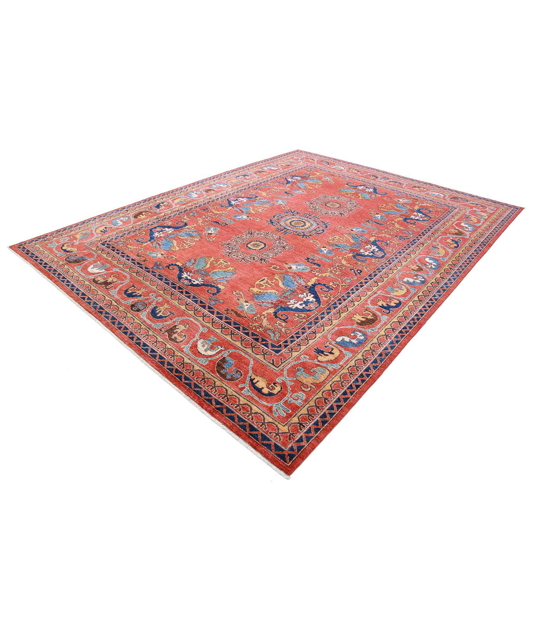 Hand Knotted Nomadic Caucasian Humna Wool Rug - 9'0'' x 11'9'' 9'0'' x 11'9'' (270 X 353) / Red / Blue