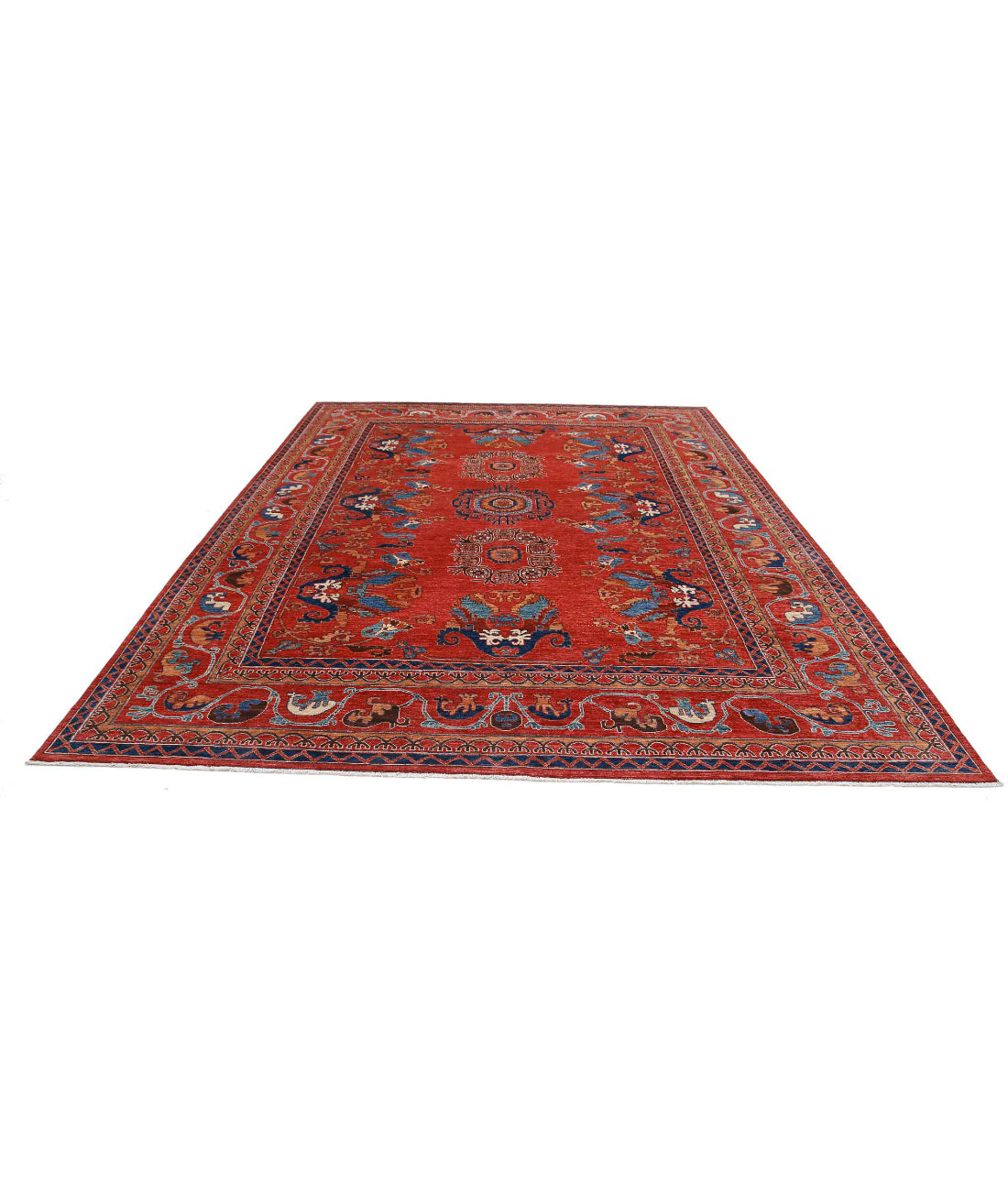 Hand Knotted Nomadic Caucasian Humna Wool Rug - 9'0'' x 11'9'' 9'0'' x 11'9'' (270 X 353) / Red / Blue