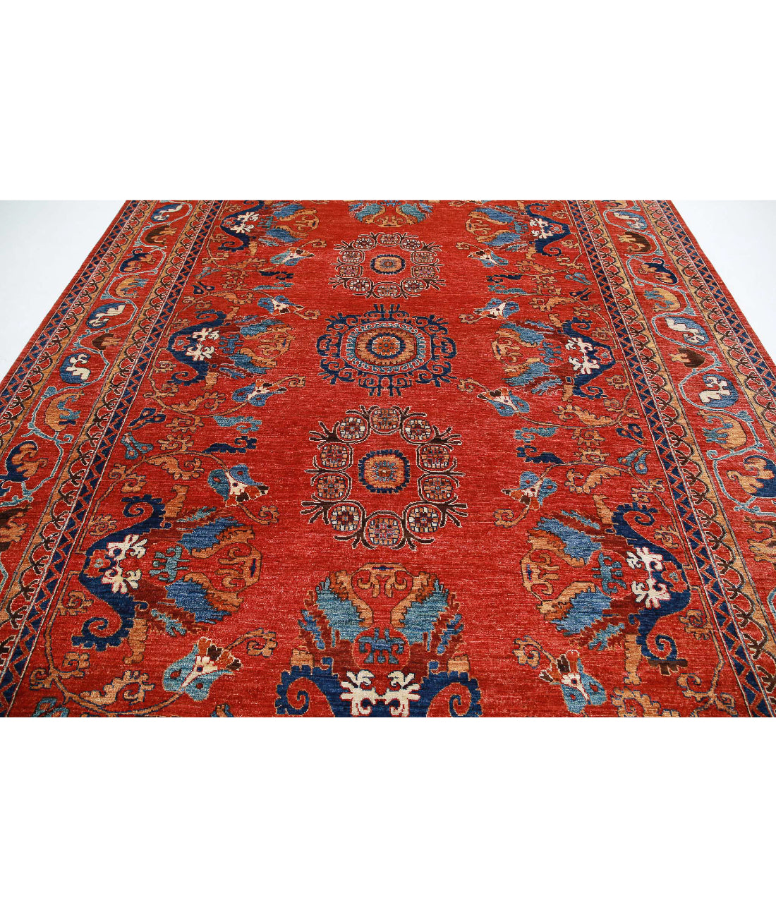 Hand Knotted Nomadic Caucasian Humna Wool Rug - 9'0'' x 11'9'' 9'0'' x 11'9'' (270 X 353) / Red / Blue