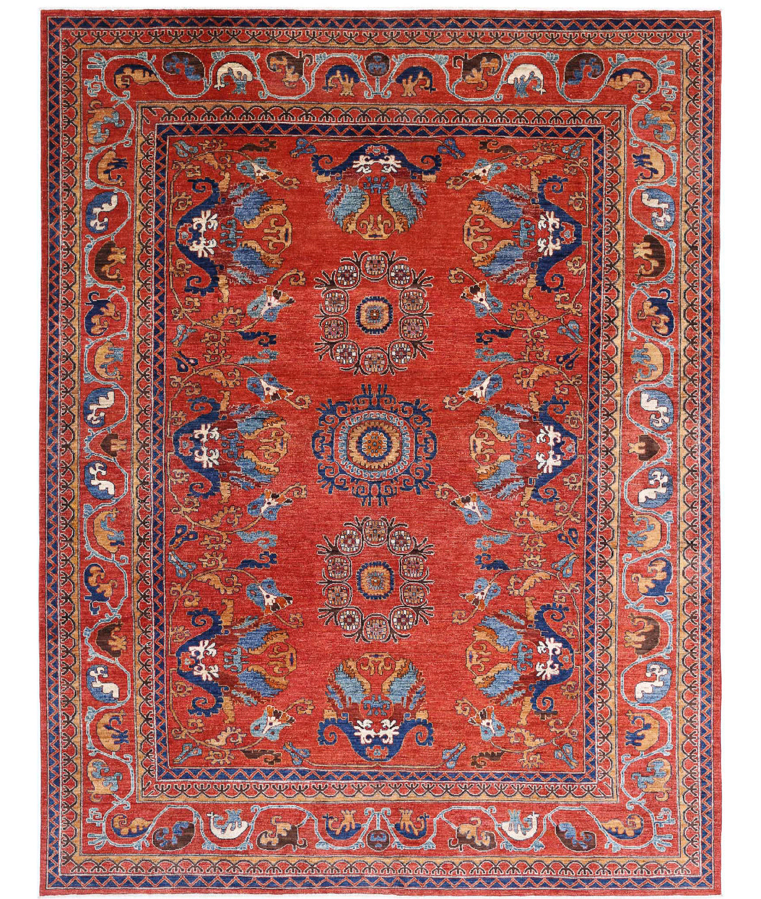 Hand Knotted Nomadic Caucasian Humna Wool Rug - 9&#39;0&#39;&#39; x 11&#39;9&#39;&#39; 9&#39;0&#39;&#39; x 11&#39;9&#39;&#39; (270 X 353) / Red / Blue