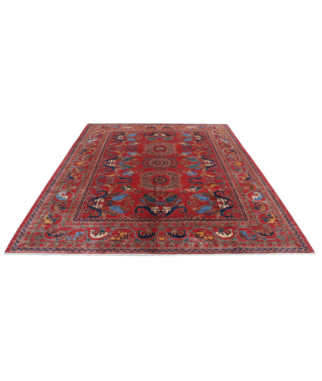 Hand Knotted Nomadic Caucasian Humna Wool Rug - 8'4'' x 9'8'' 8'4'' x 9'8'' (250 X 290) / Red / Blue