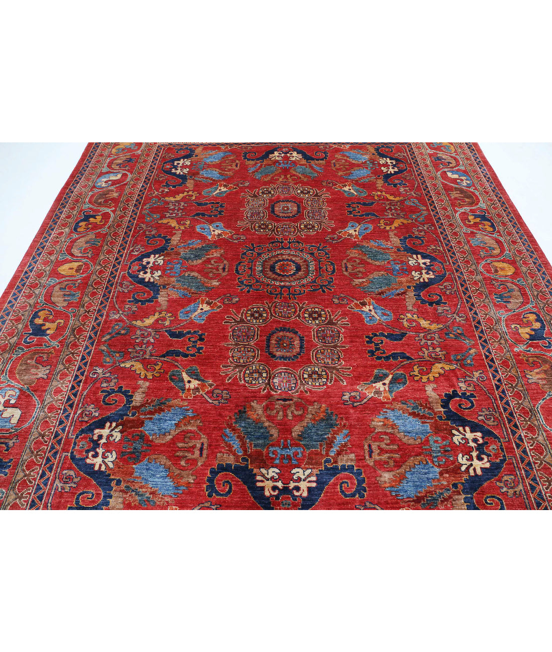 Hand Knotted Nomadic Caucasian Humna Wool Rug - 8'4'' x 9'8'' 8'4'' x 9'8'' (250 X 290) / Red / Blue