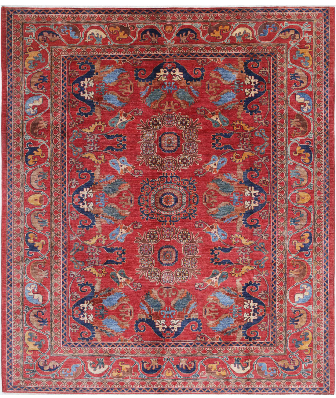 Hand Knotted Nomadic Caucasian Humna Wool Rug - 8&#39;4&#39;&#39; x 9&#39;8&#39;&#39; 8&#39;4&#39;&#39; x 9&#39;8&#39;&#39; (250 X 290) / Red / Blue