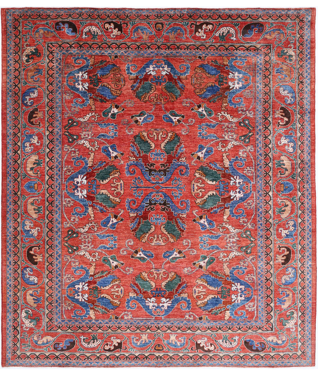Hand Knotted Nomadic Caucasian Humna Wool Rug - 8'7'' x 9'9'' 8'7'' x 9'9'' (258 X 293) / Red / Blue