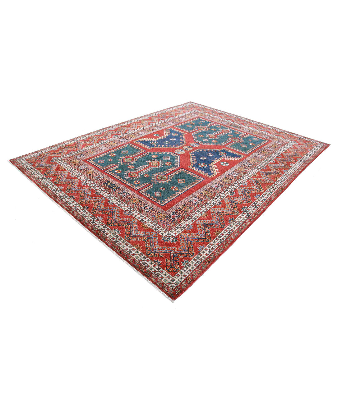 Hand Knotted Nomadic Caucasian Humna Wool Rug - 8'2'' x 10'8'' 8'2'' x 10'8'' (245 X 320) / Green / Rust