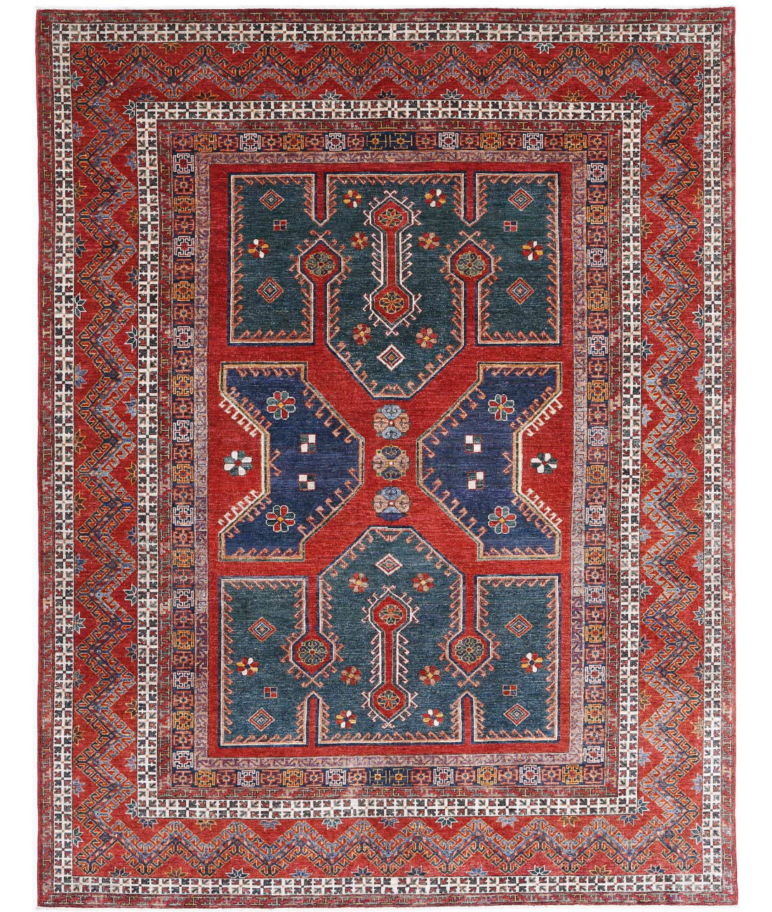 Hand Knotted Nomadic Caucasian Humna Wool Rug - 8'2'' x 10'8'' 8'2'' x 10'8'' (245 X 320) / Green / Rust
