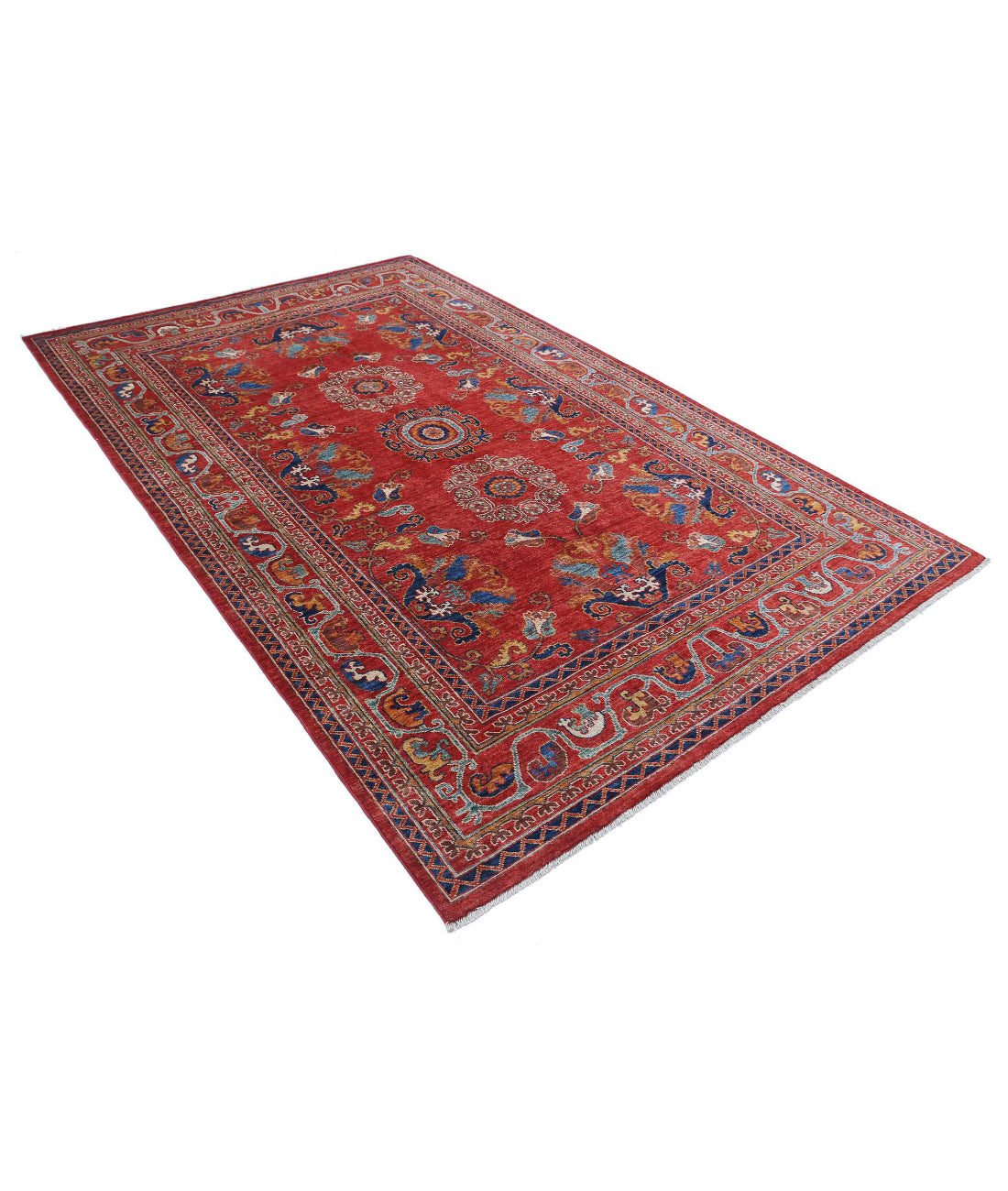 Hand Knotted Nomadic Caucasian Humna Wool Rug - 5'10'' x 9'1'' 5'10'' x 9'1'' (175 X 273) / Red / Gold