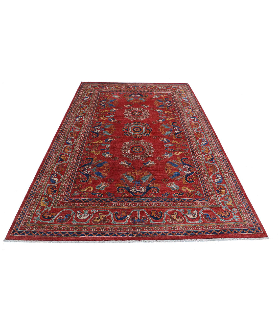 Hand Knotted Nomadic Caucasian Humna Wool Rug - 5'10'' x 9'1'' 5'10'' x 9'1'' (175 X 273) / Red / Gold