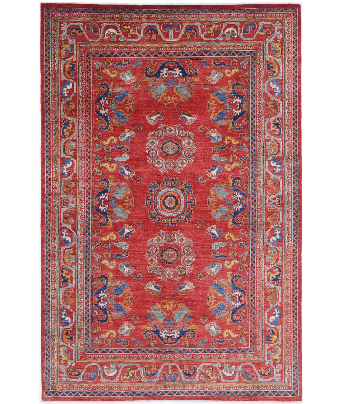 Hand Knotted Nomadic Caucasian Humna Wool Rug - 5&#39;10&#39;&#39; x 9&#39;1&#39;&#39; 5&#39;10&#39;&#39; x 9&#39;1&#39;&#39; (175 X 273) / Red / Gold