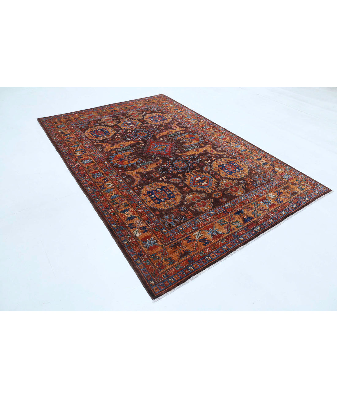 Hand Knotted Nomadic Caucasian Humna Wool Rug - 6'0'' x 8'10'' 6'0'' x 8'10'' (180 X 265) / Brown / Gold