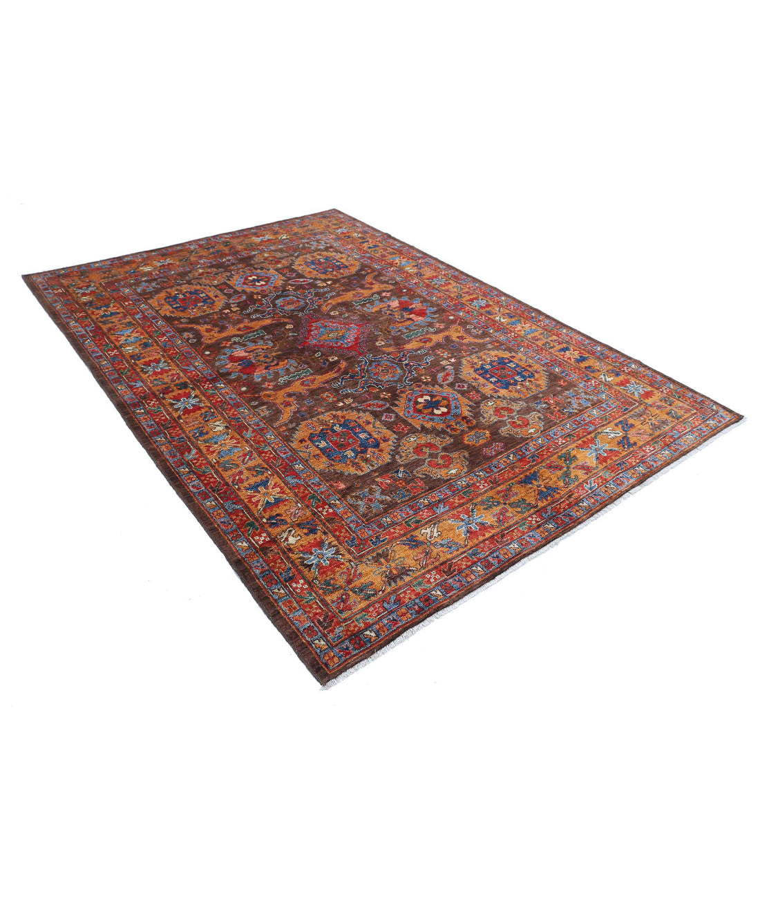 Hand Knotted Nomadic Caucasian Humna Wool Rug - 6'0'' x 8'7'' 6'0'' x 8'7'' (180 X 258) / Brown / Gold