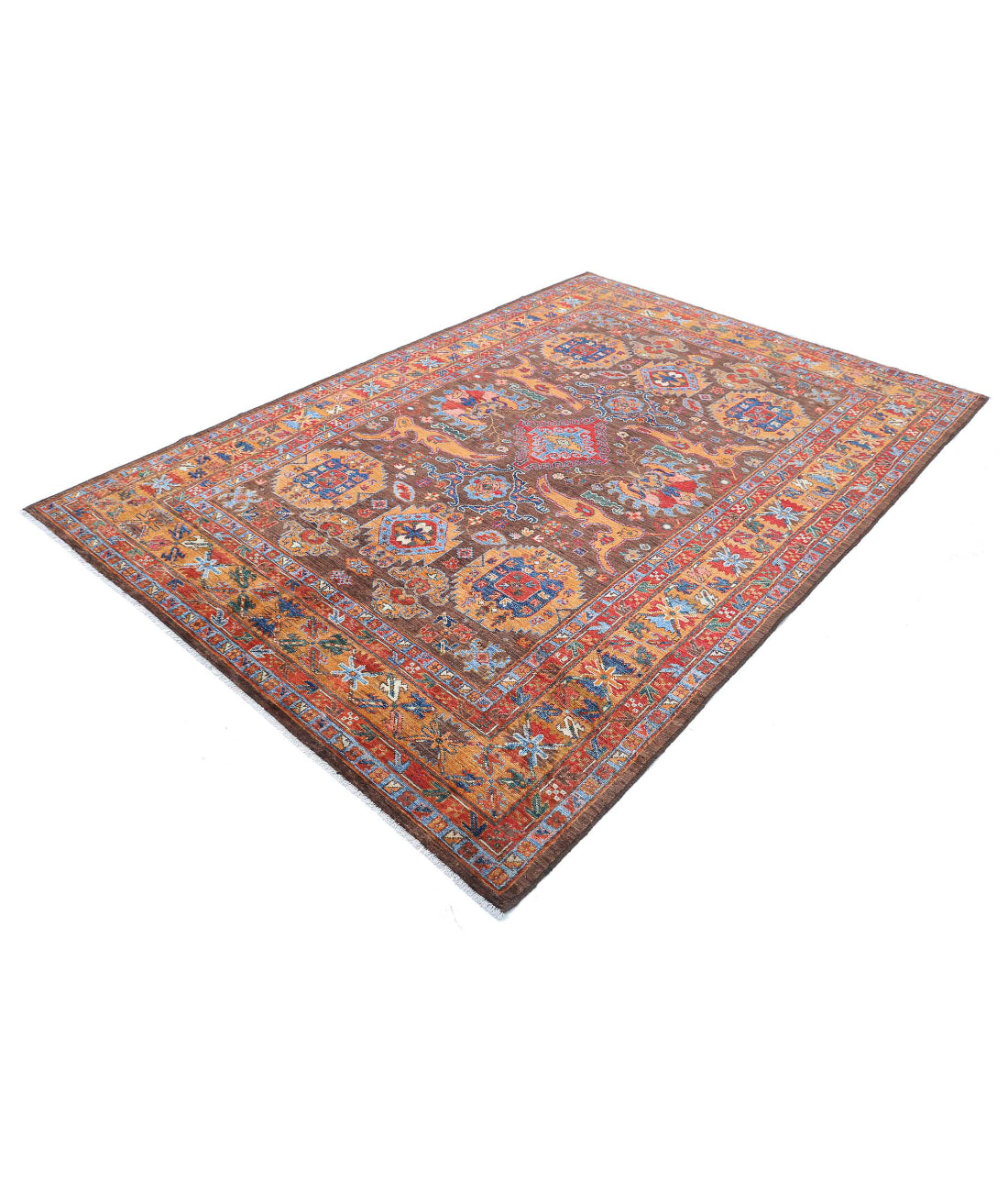 Hand Knotted Nomadic Caucasian Humna Wool Rug - 6'0'' x 8'7'' 6'0'' x 8'7'' (180 X 258) / Brown / Gold