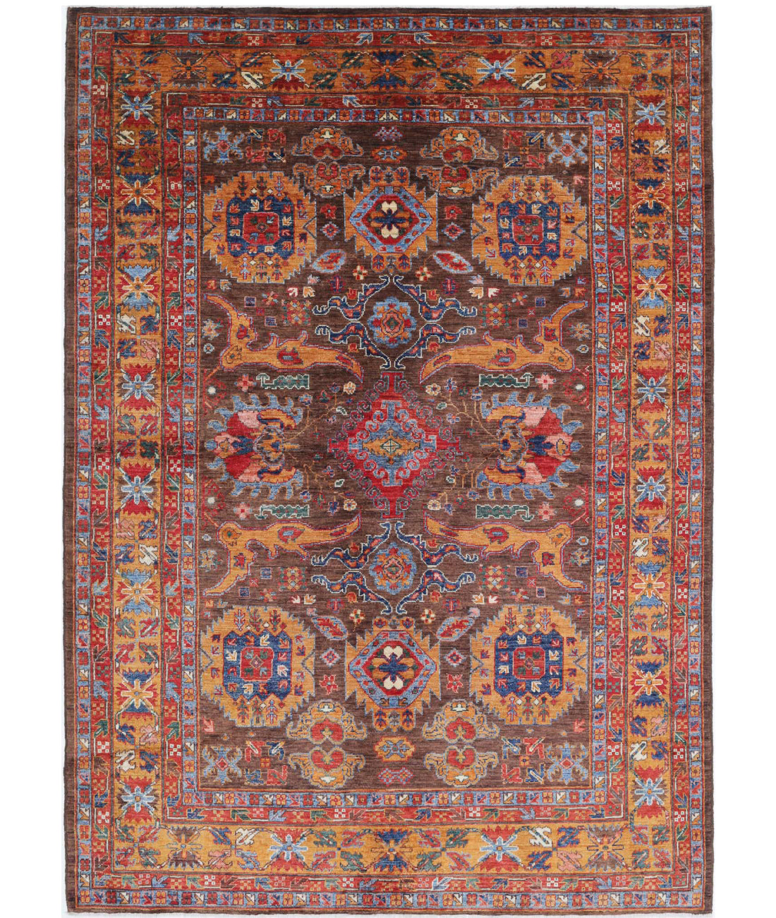 Hand Knotted Nomadic Caucasian Humna Wool Rug - 6'0'' x 8'7'' 6'0'' x 8'7'' (180 X 258) / Brown / Gold
