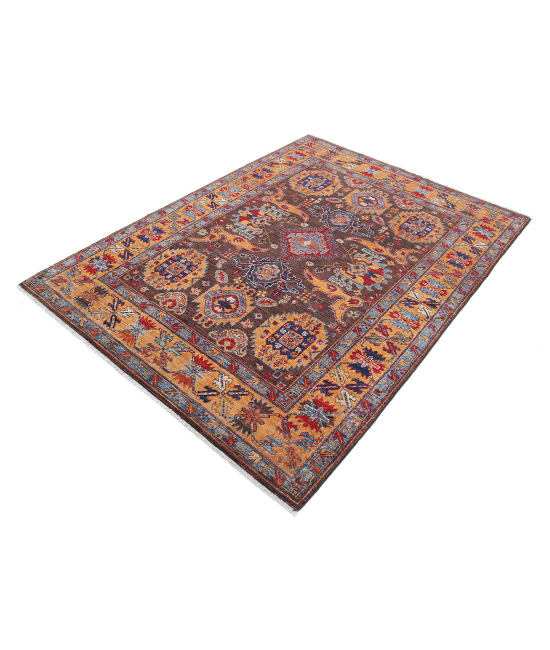 Hand Knotted Nomadic Caucasian Humna Wool Rug - 5'0'' x 6'10'' 5'0'' x 6'10'' (150 X 205) / Brown / Gold